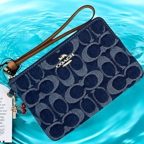 Coach Corner Zip Wristlet In Signature Denim Wallet Bag Purse With Cherry Charm - Picture 1 of 14
